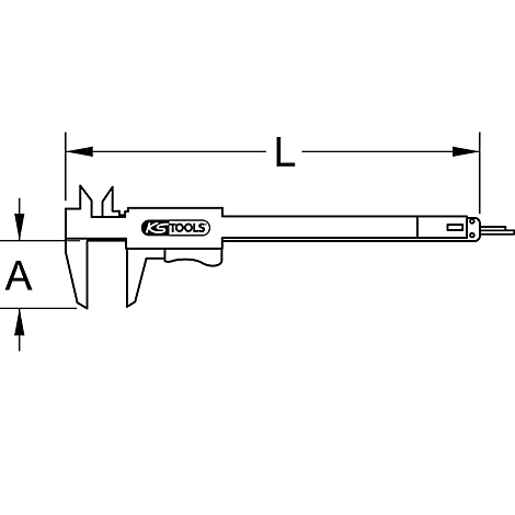 Schwarz-weiß-Zeichnung einer Schublehre. Die Maße A und L sind mit Pfeilen gekennzeichnet, der Schriftzug KS TOOLS ist zu sehen.